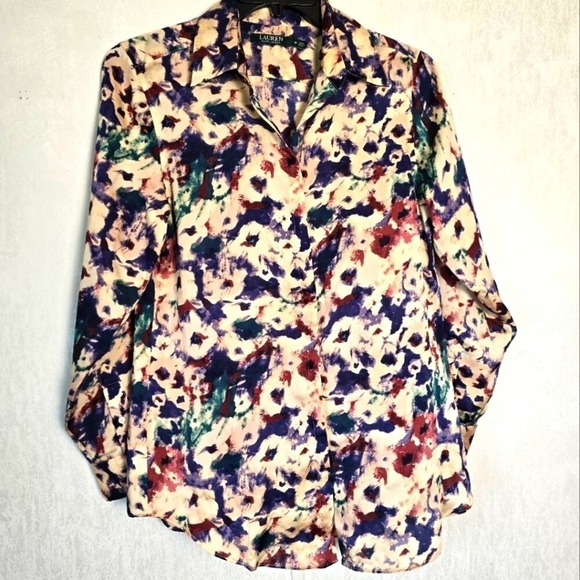 Lauren Ralph Lauren Womens M Floral Shirt Button Up Long Sleeve Burgundy Green - Picture 1 of 7